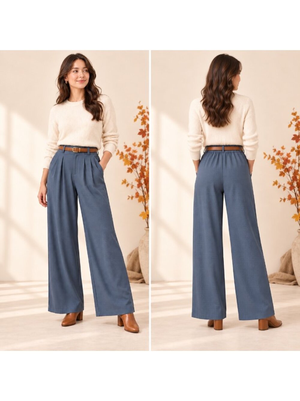 Halara Flex Trousers M Blue Gray Waffle Knit Pleated High Rise Wide Leg Workwear